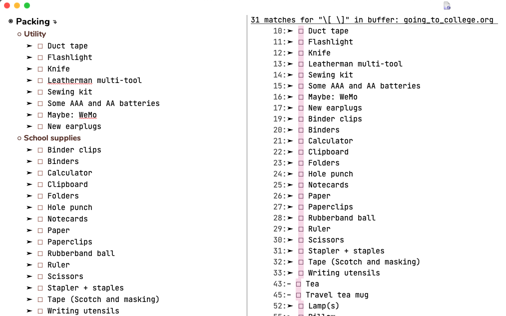 Figure 2: Left pane: original packing list. Right pane: Occur buffer matching unchecked boxes.